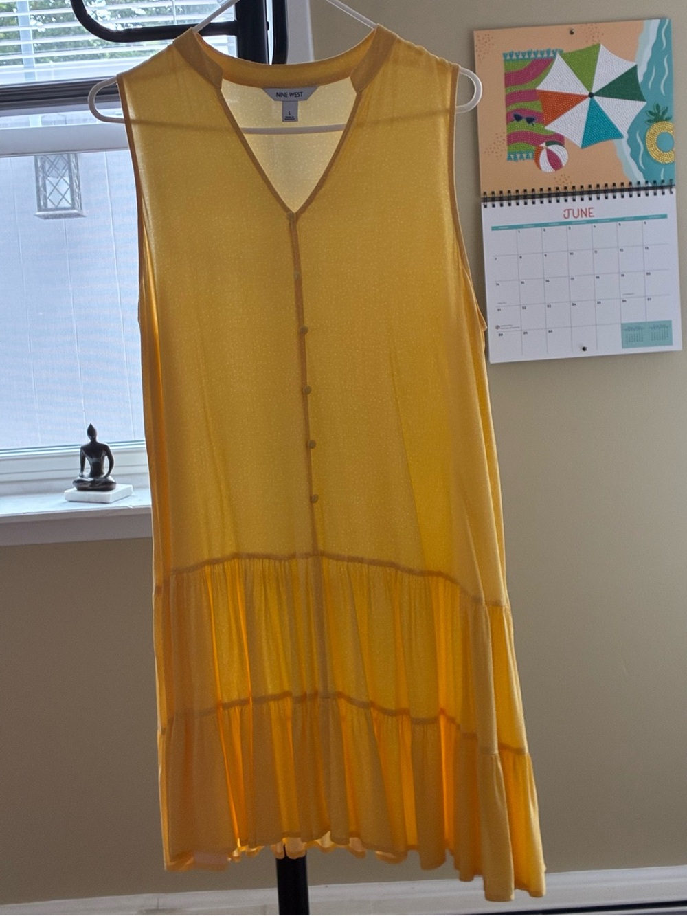 Nine West Mustard Yellow Polka Dot Sleeveless Tiered Button-Front Dress